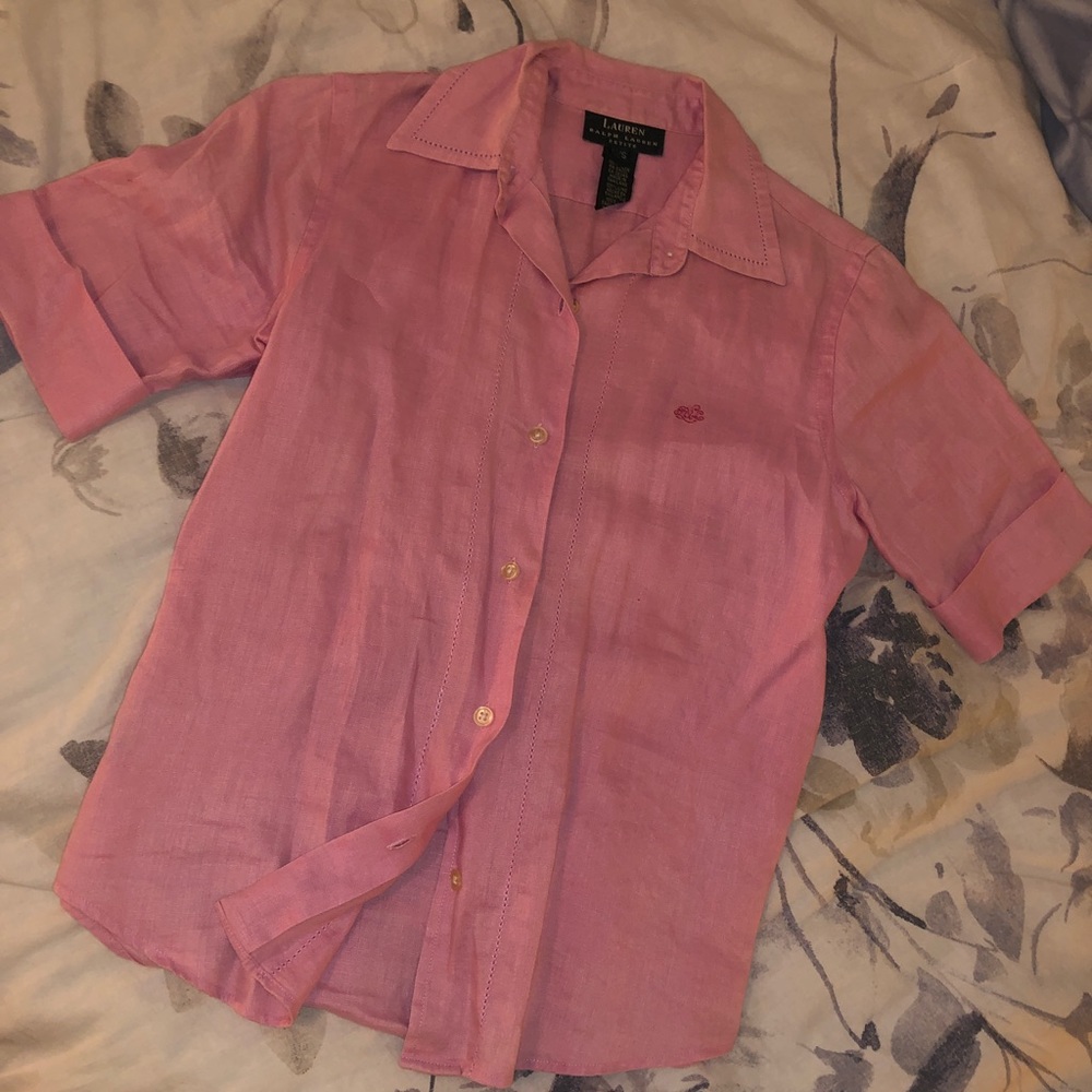Lauren by Ralph Lauren. Collared pink linen button down w/ stitch detail size PS